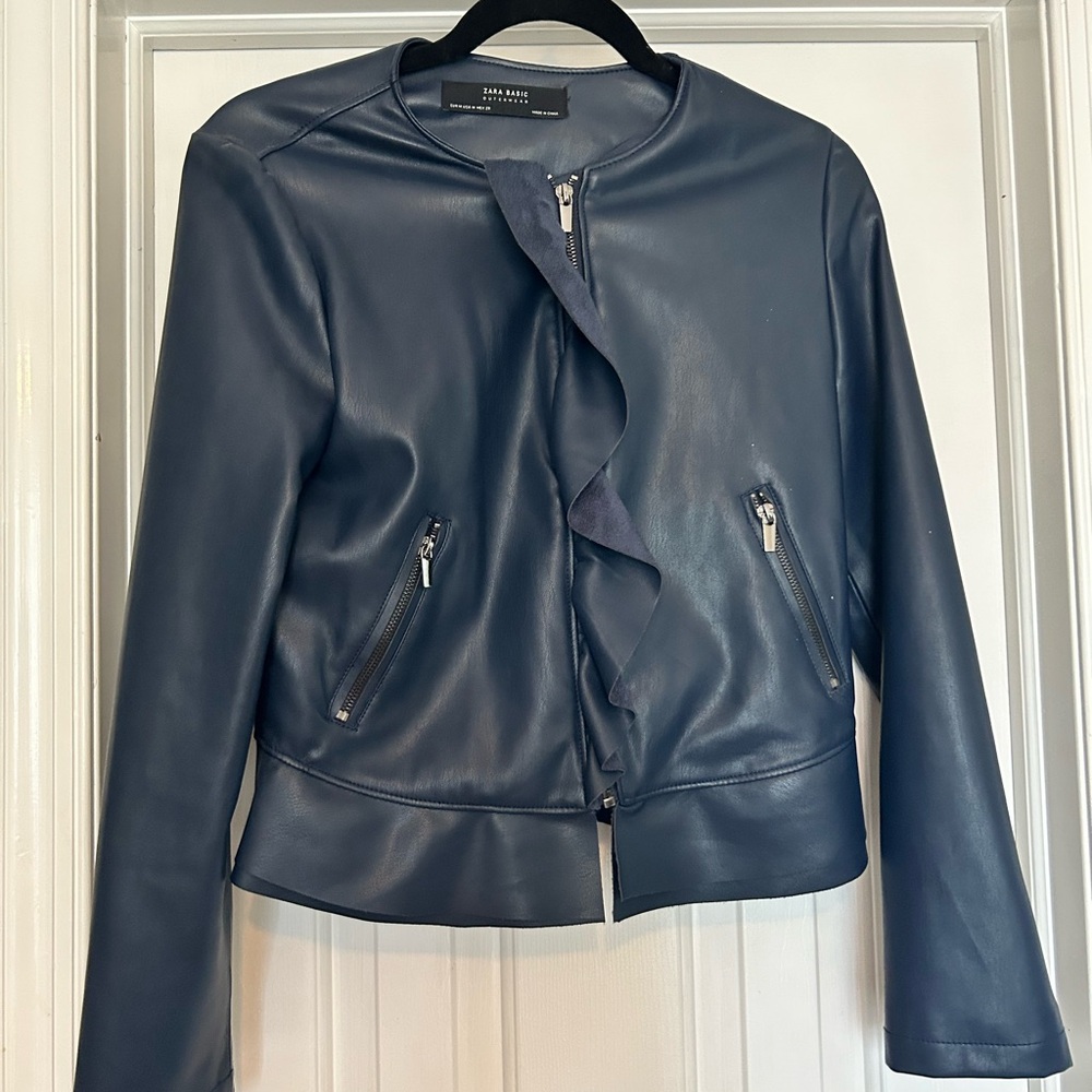 Zara Blue Faux Leather Peplum lightweight Jacket